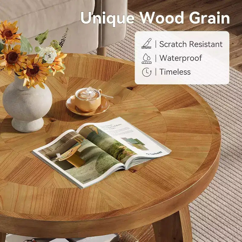 Lantine runder Couchtisch aus Massivholz, 2-stufiger Beistelltisch mit Stauraum, 31.5 Zoll Tischplatte mit Mosaikmuster, einfacher Aufbau, fürs Wohnzimmer, Braun