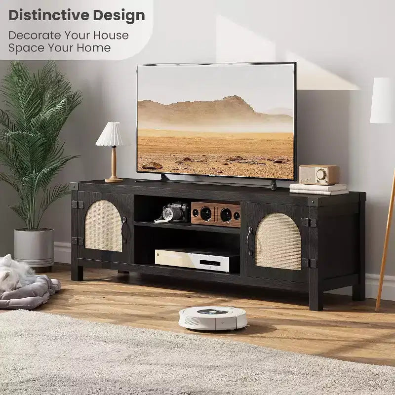 65-Zoll-TV-Ständer im Bohème-Stil mit Rattantür - Unterhaltungscenter aus Holz mit zwei Schränken und verstellbaren Einlegeböden, geeignet für Wohnzimmer