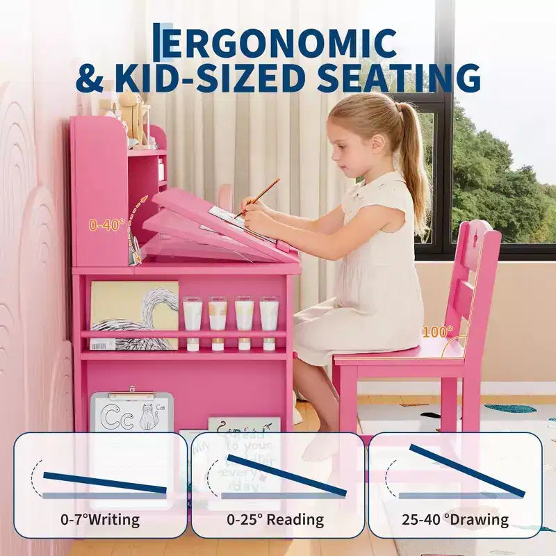 Ensemble bureau et chaise d’étude pour enfants avec rangement, bureau d’étude avec étagère supérieure inclinable, pour les enfants de 3 à 8 ans, table d’écriture pour chambre