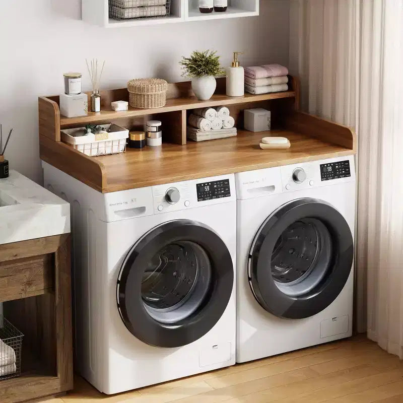 Houten blad voor wasmachine en droger, wasblad van 54 met opbergplank met 2 niveaus, antislip werkblad met opstaande randen voor een georganiseerde wasruimte