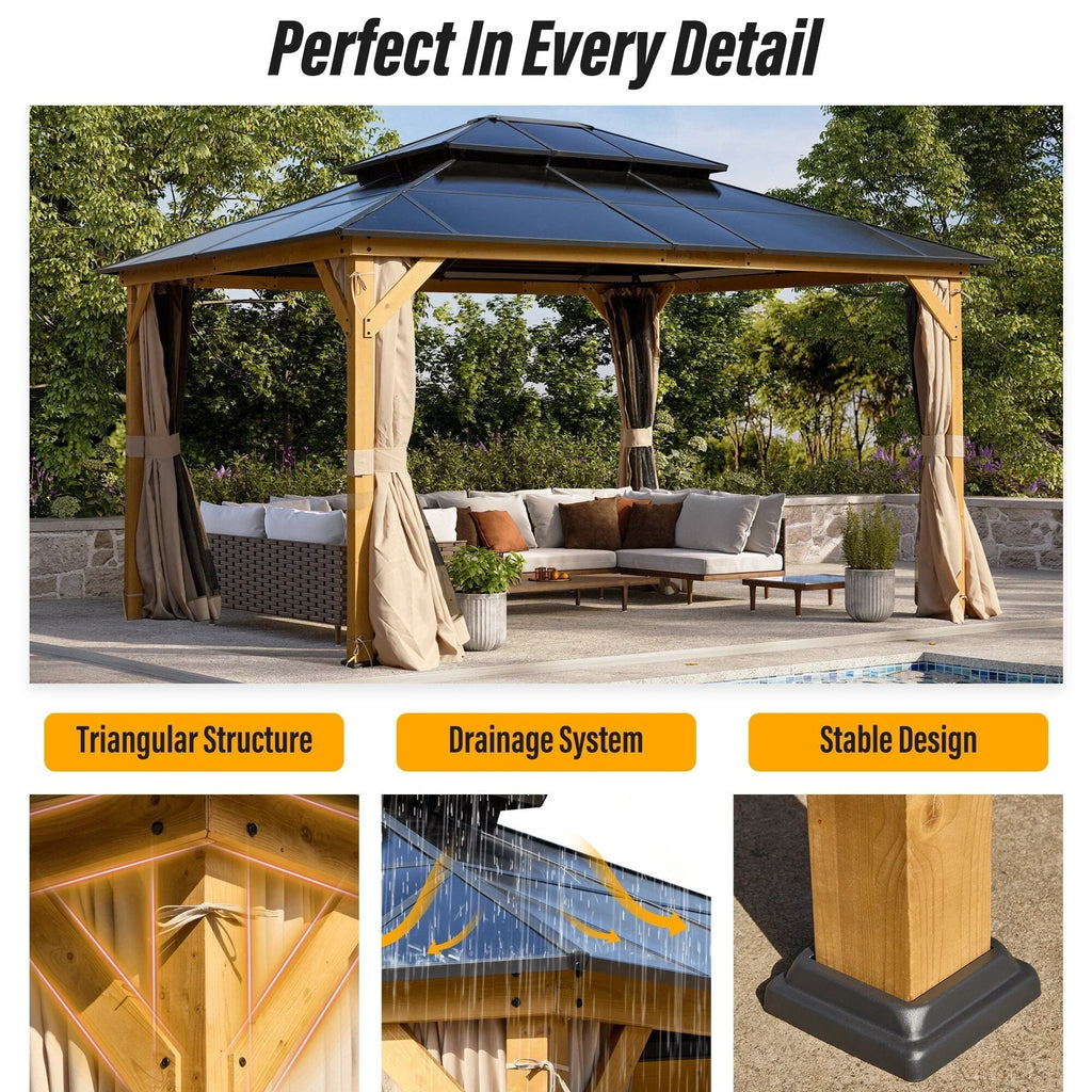 EROMMY Pavillon mit festem Dach, Pergola für den Außenbereich mit Doppeldach, Moskitonetz und Vorhängen, strapazierfähiges Sonnendach für Terrasse, Garten und Poolpartys