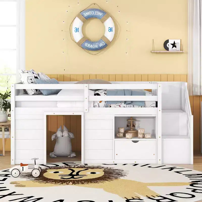 Łóżko typu low loft z litego drewna, rozmiar Twin, 94.6L x 42.3W, ze schodkami, szufladą i półką, nowoczesny i prosty design
