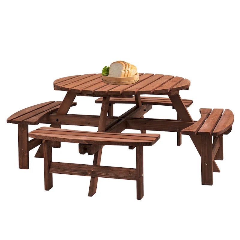 Rundes Picknickset aus Douglasienholz für 8 Personen für Terrasse und Garten, mit 4 integrierten Bänken und Schirmloch