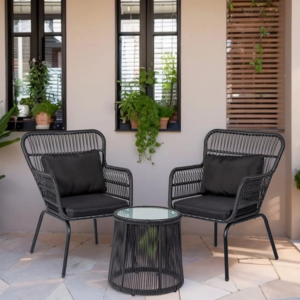 3-delige bistroset van tuinmeubelen van riet, weerbestendige rotanset met tuinstoelen en kussens
