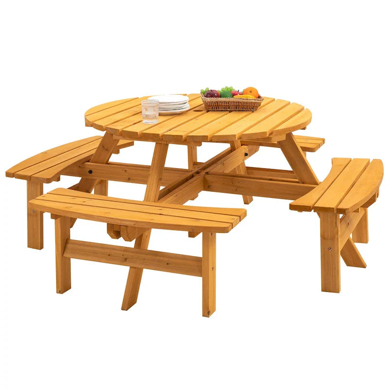 Rundes Picknickset aus Douglasienholz für 8 Personen für Terrasse und Garten, mit 4 integrierten Bänken und Schirmloch