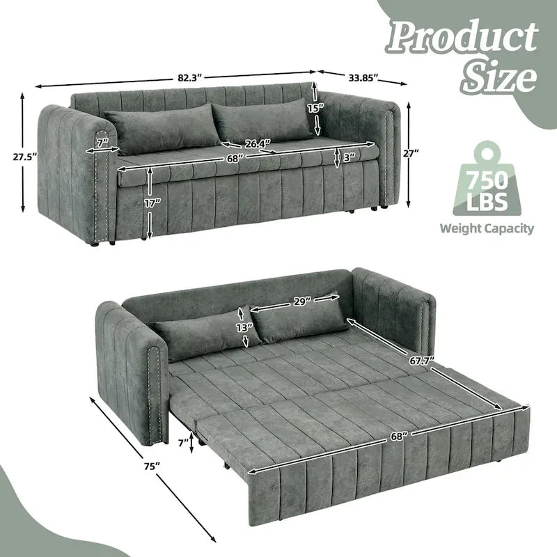Nowoczesna rozkładana sofa z funkcją spania, tapicerowana aksamitem, z zaokrąglonymi podłokietnikami ozdobionymi miedzianymi ćwiekami
