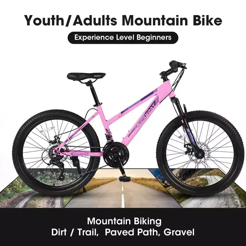 Vélo de montagne Okak 24/26IN avec 21 vitesses et freins à double disque, vélo pour enfants avec suspension avant de 100 mm, vélo tout-terrain pour adolescents et femmes