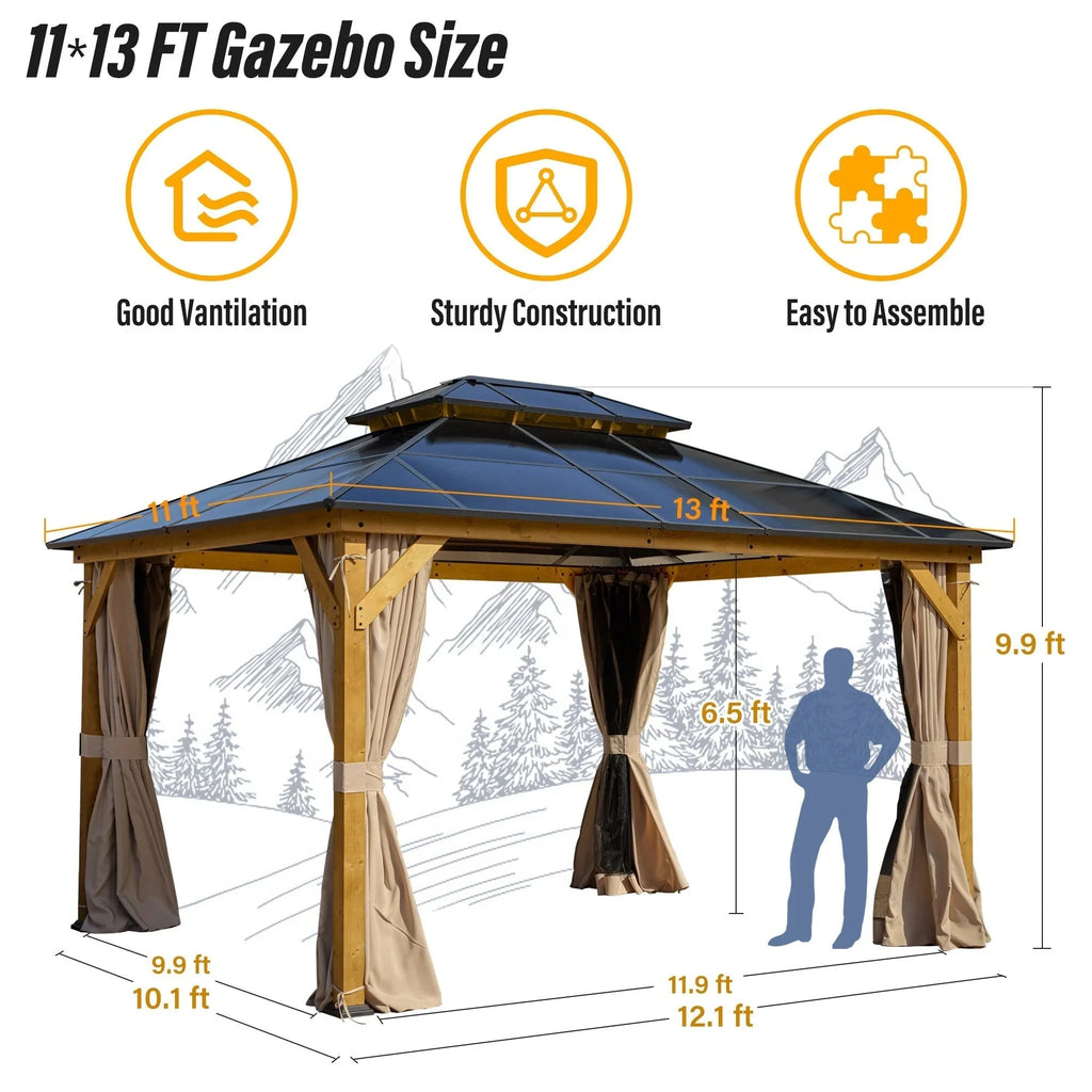 EROMMY Pavillon mit festem Dach, Pergola für den Außenbereich mit Doppeldach, Moskitonetz und Vorhängen, strapazierfähiges Sonnendach für Terrasse, Garten und Poolpartys