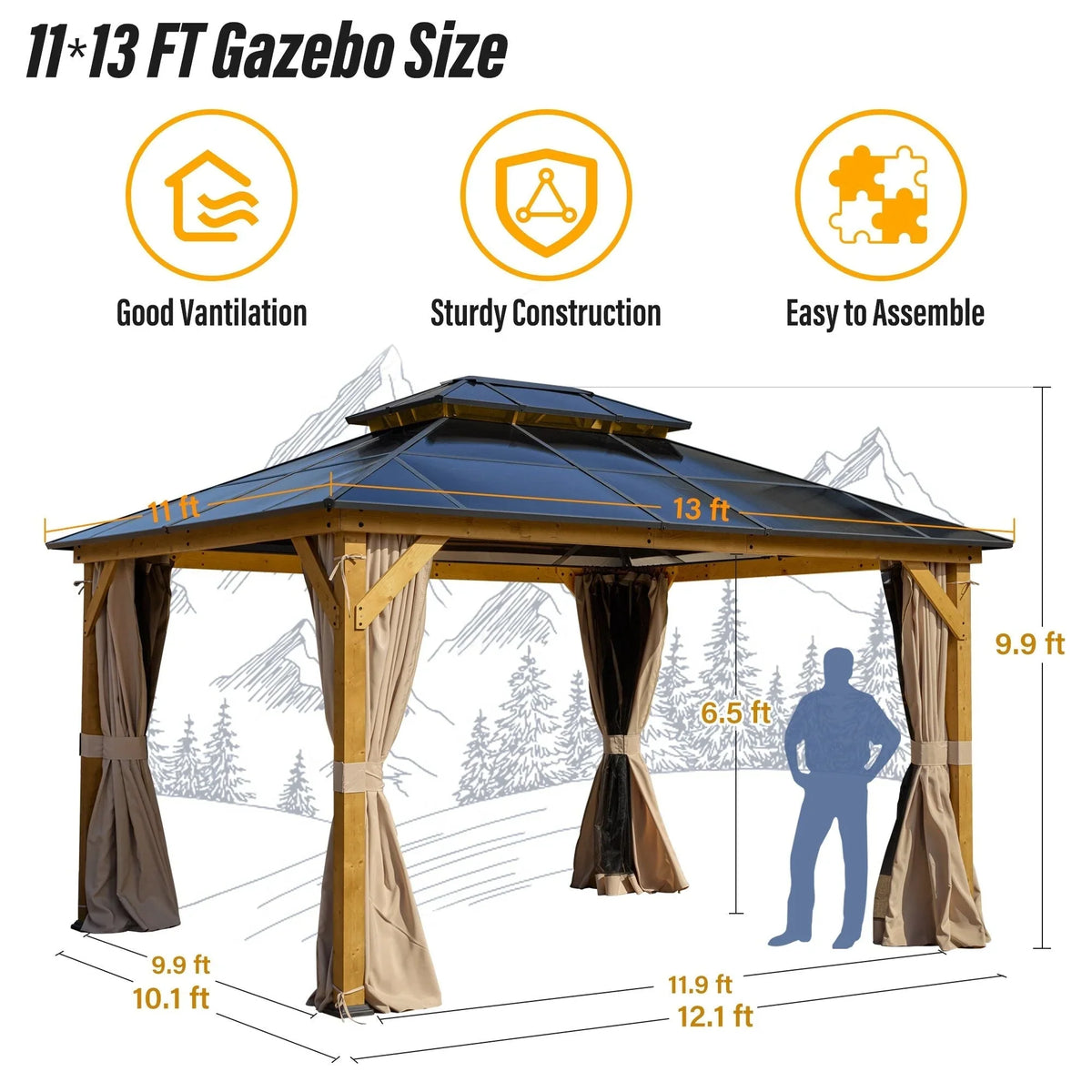 EROMMY Pavillon mit festem Dach, Pergola für den Außenbereich mit Doppeldach, Moskitonetz und Vorhängen, strapazierfähiges Sonnendach für Terrasse, Garten und Poolpartys
