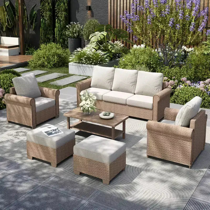 Luksusowy 6-częściowy zestaw wypoczynkowy na patio Captiva Designs z wikliny, z zaokrąglonymi podłokietnikami i poduszkami