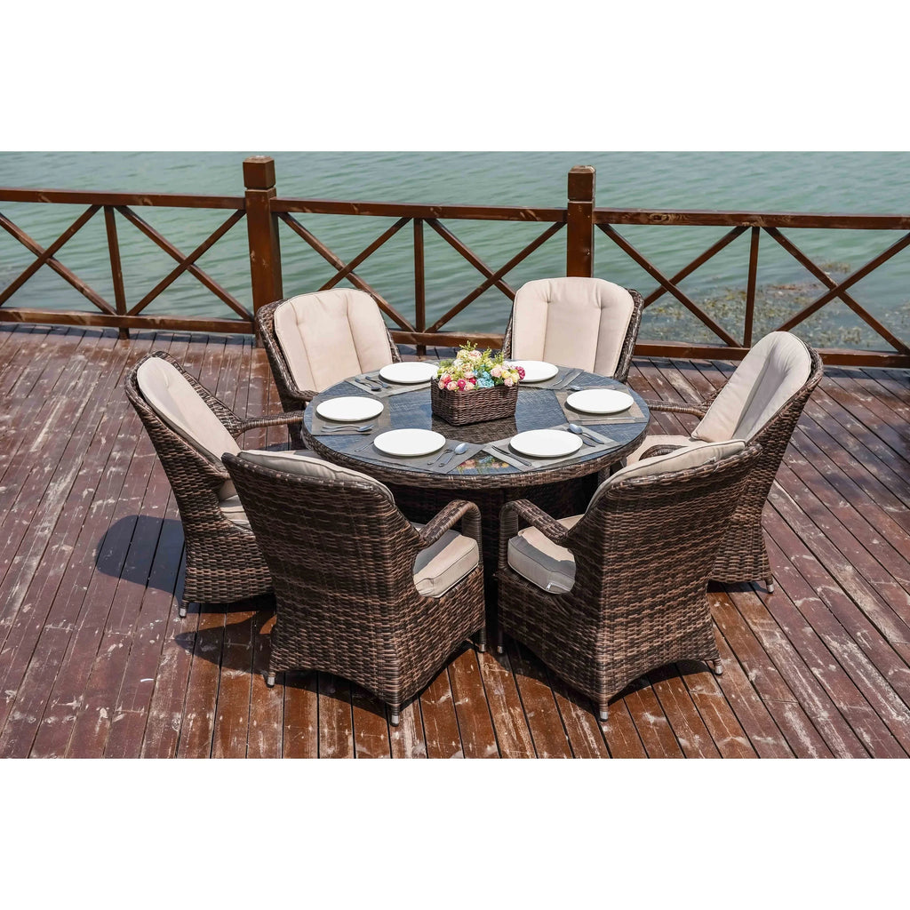 Ensemble de salle à manger rond de patio en rotin tressé d’extérieur, 7 pièces avec coussins, par Moda Furnishings