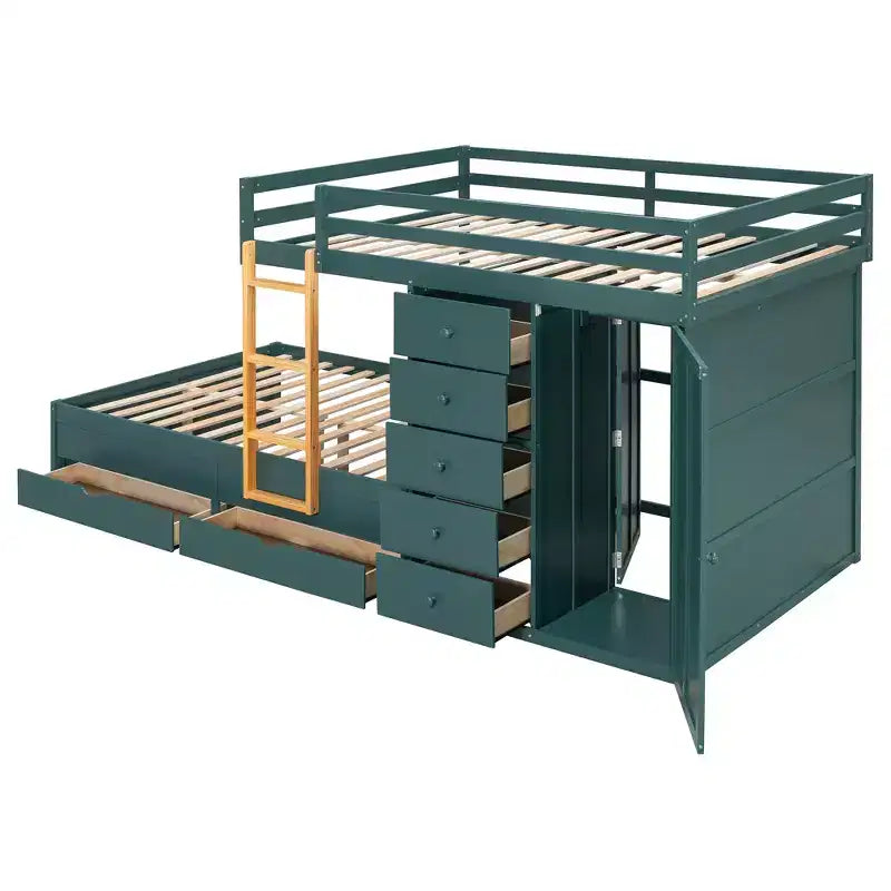 Stapelbed met twee tweepersoonsbedden, opbergkast en laden, houten stapelbed in tweepersoonsformaat met ruimtebesparend ontwerp en veiligheidsreling voor appartement en slaapkamer