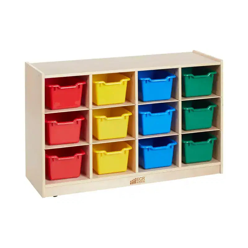 Meuble mobile à casiers avec plateau et 15 bacs à façade incurvée, 3x4, mobilier pour enfants