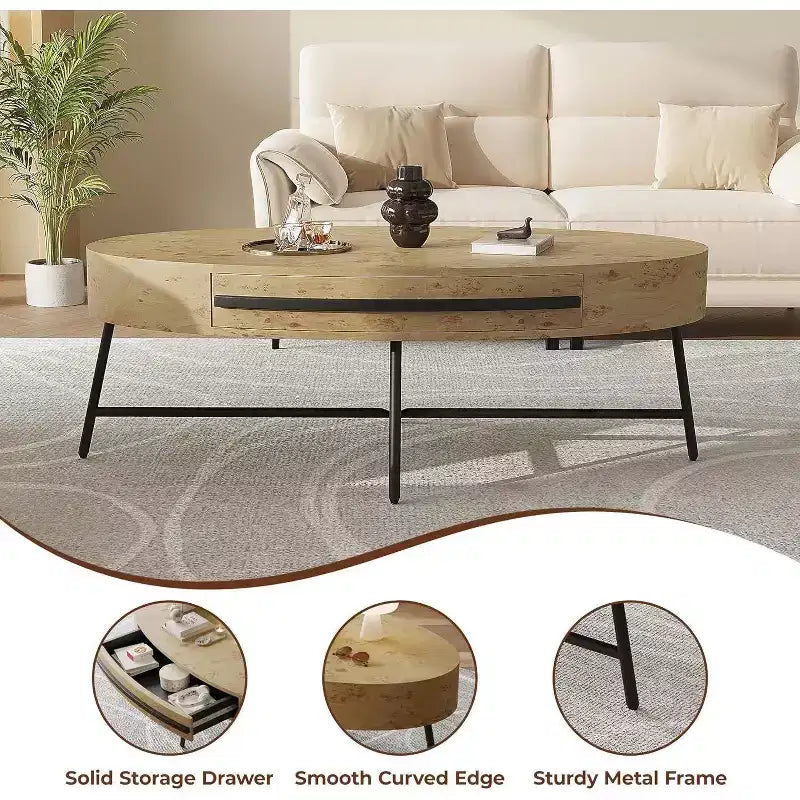 Acekool ovaler Couchtisch mit Schublade, 47.2, Holztisch mit Stauraum und gekreuzten Metallbeinen, moderner Mid-Century-Couchtisch in Naturfarben und goldenem Weidenholz