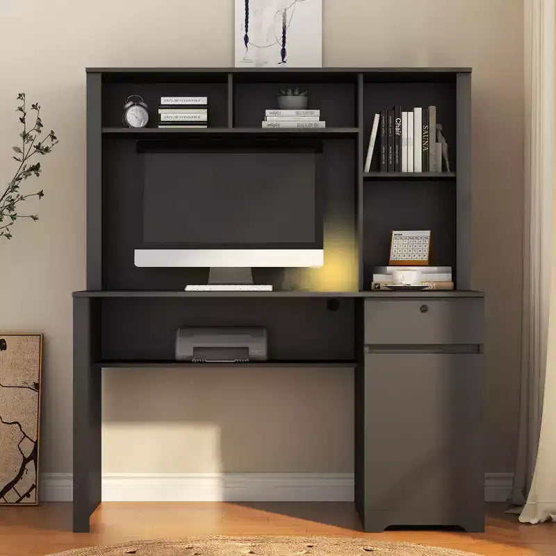 Moderner Computertisch mit Aufsatz und Bücherregal, 51.18IN, Bürotisch mit viel Stauraum, Schreibtisch für Arbeitszimmer und Leseraum