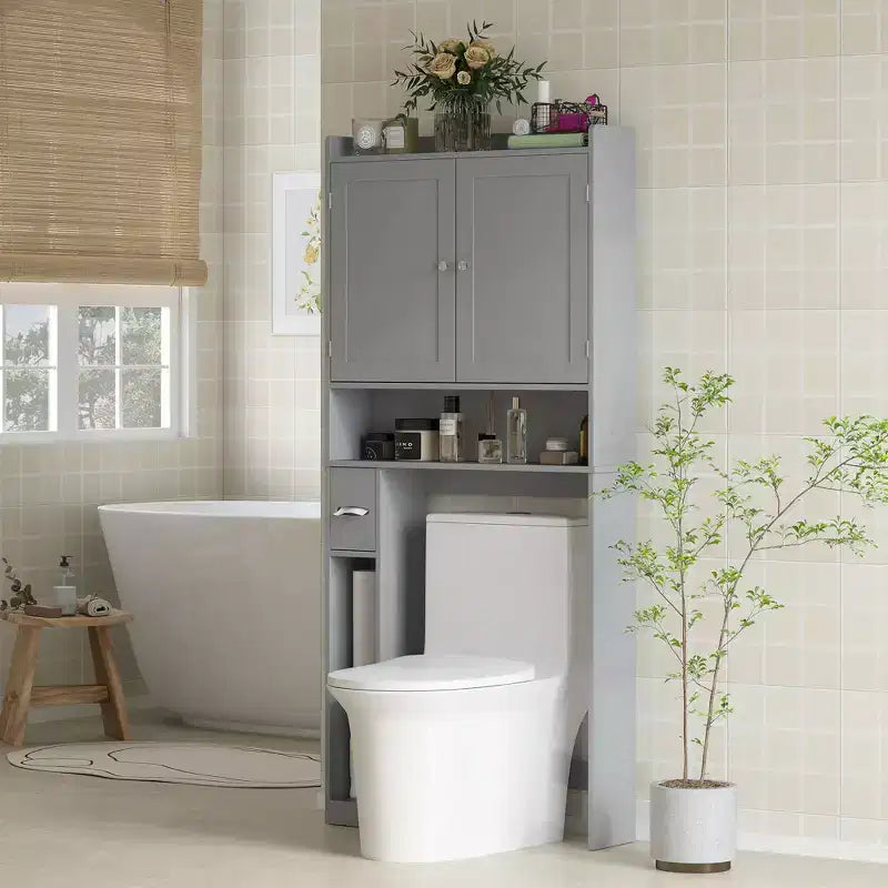 HOMCOM Toilettenregal mit Schrank, moderner Badezimmer-Organizer über der Toilette mit 2 Türen, Toilettenpapierhalter, freistehend und platzsparend