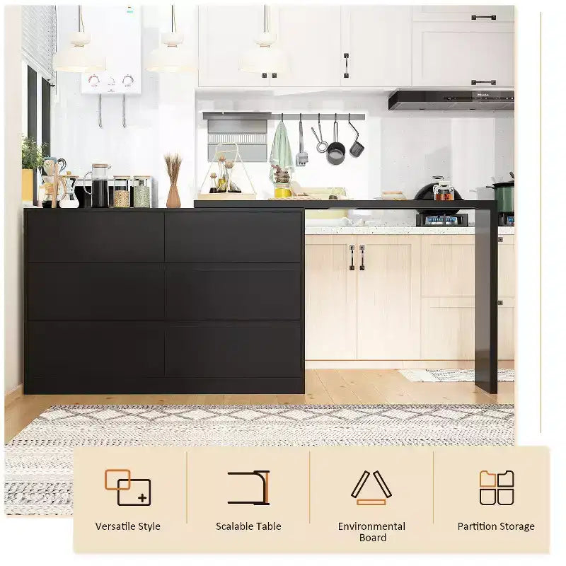 Buffet avec rangement intelligent, pivotant et extensible, avec 6 tiroirs, comptoir prolongé, tapis antidérapant, table à manger pivotante et garde-manger pour îlot de cuisine