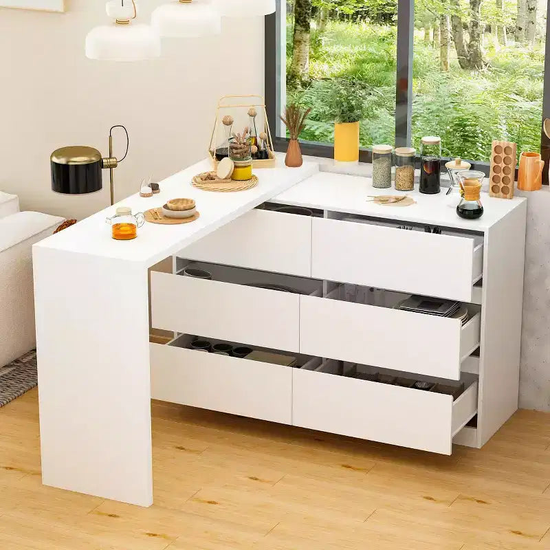 Buffet avec rangement intelligent, pivotant et extensible, avec 6 tiroirs, comptoir prolongé, tapis antidérapant, table à manger pivotante et garde-manger pour îlot de cuisine