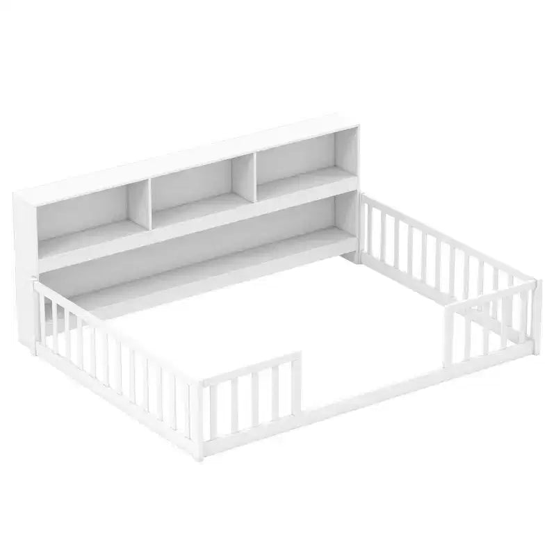 Łóżko podłogowe Montessori Twin/Full z półkami na książki i barierkami zabezpieczającymi, białe/szare