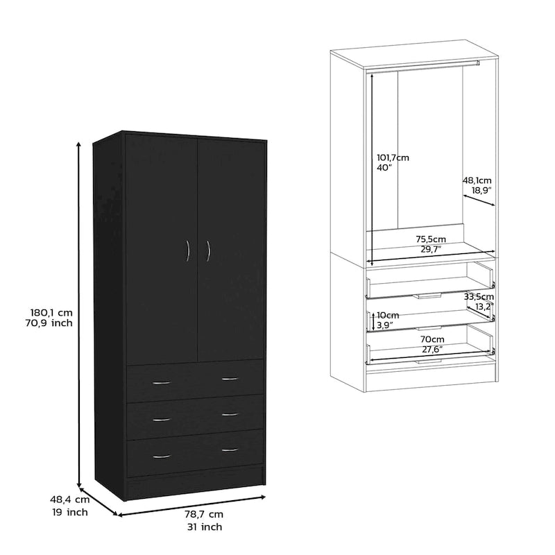 19 Moderner zweitüriger Kleiderschrank mit 3 Schubladen und 1 Kleiderstange fürs Schlafzimmer