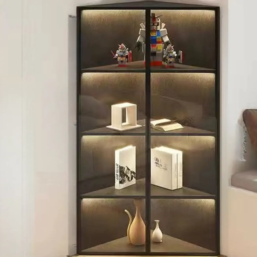 Moderne grijze metalen houten hoekvitrinekast met glazen deur