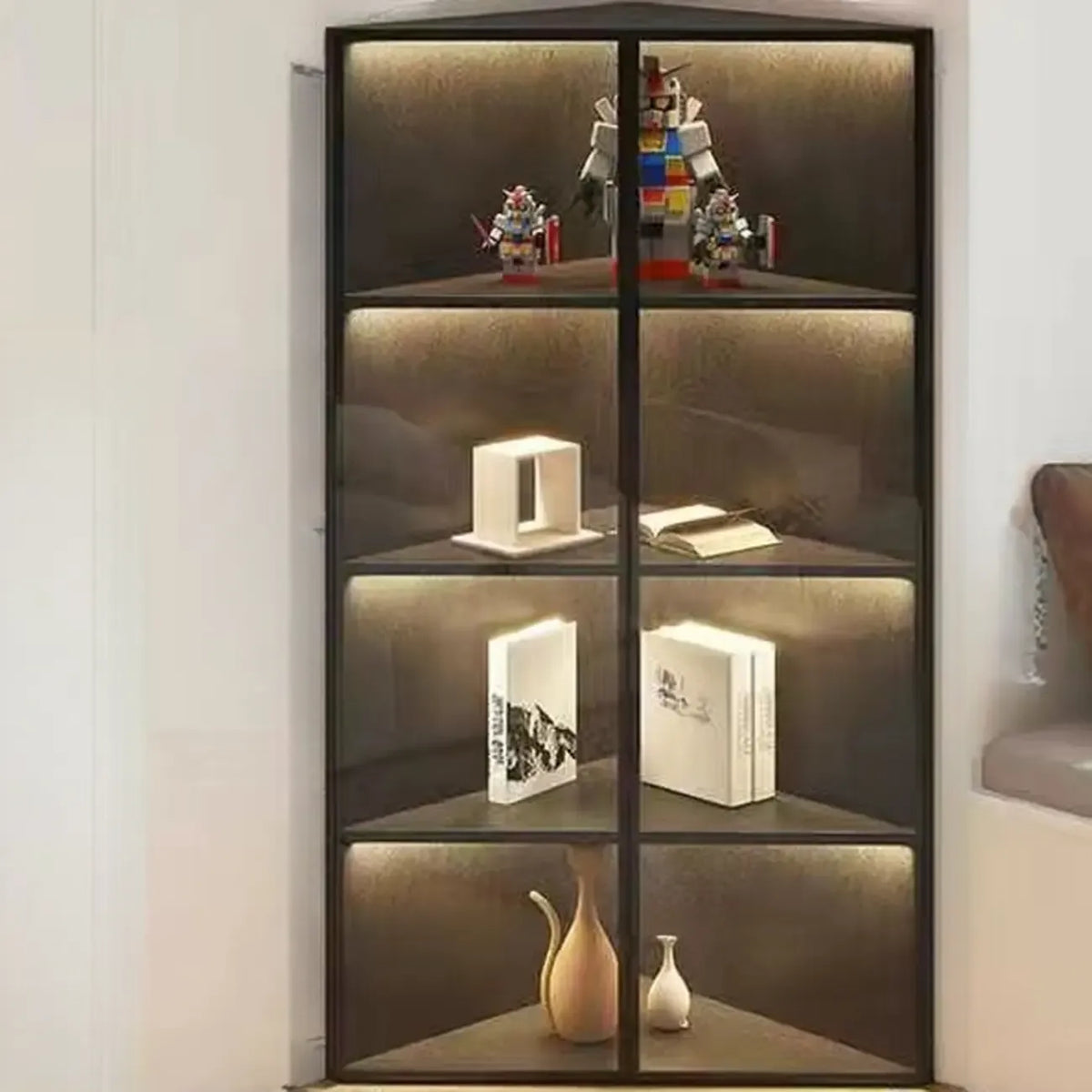 Moderne grijze metalen houten hoekvitrinekast met glazen deur