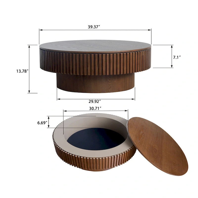 Table basse ronde moderne en bois massif plaqué, avec rangement