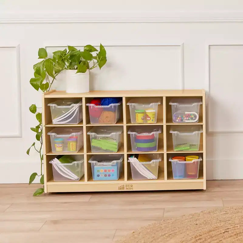 Meuble mobile à casiers avec plateau et 15 bacs à façade incurvée, 3x4, mobilier pour enfants