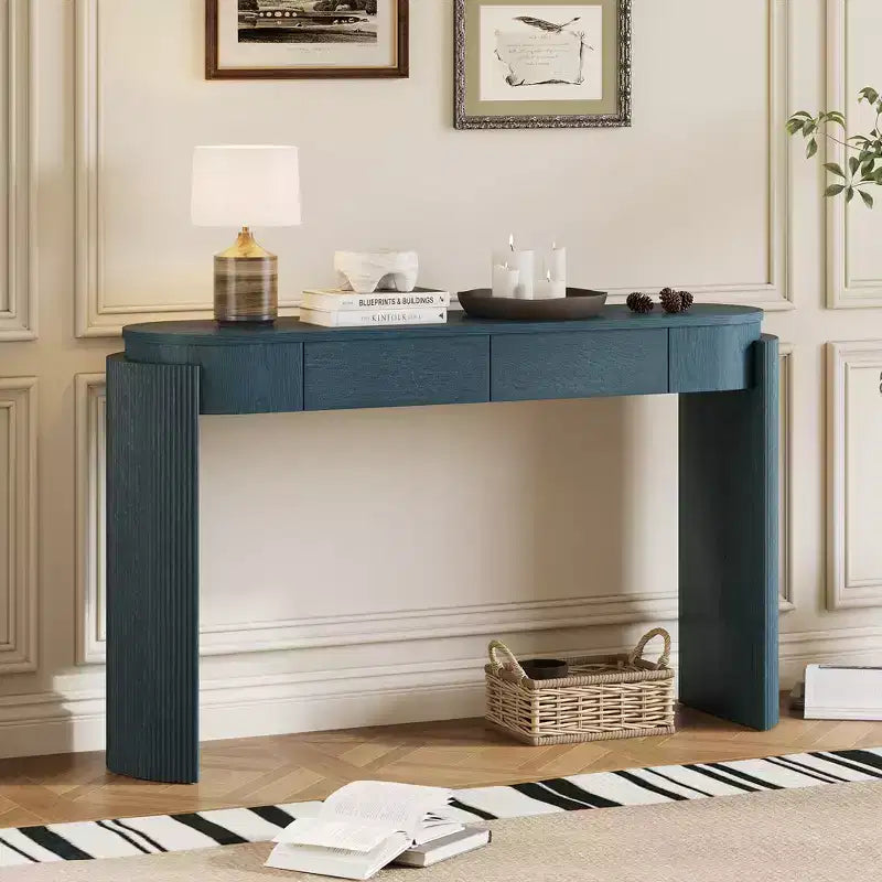 Moderne consoletafel van Merax met ovaal blad, gecanneleerde gebogen poten en twee verborgen laden
