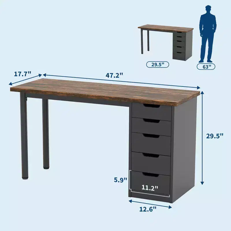 Bureau d’ordinateur de 47 pouces avec 5 tiroirs de rangement, table d’étude et d’écriture réversible au style rustique moderne, poste de travail pour bureau à domicile et petits espaces