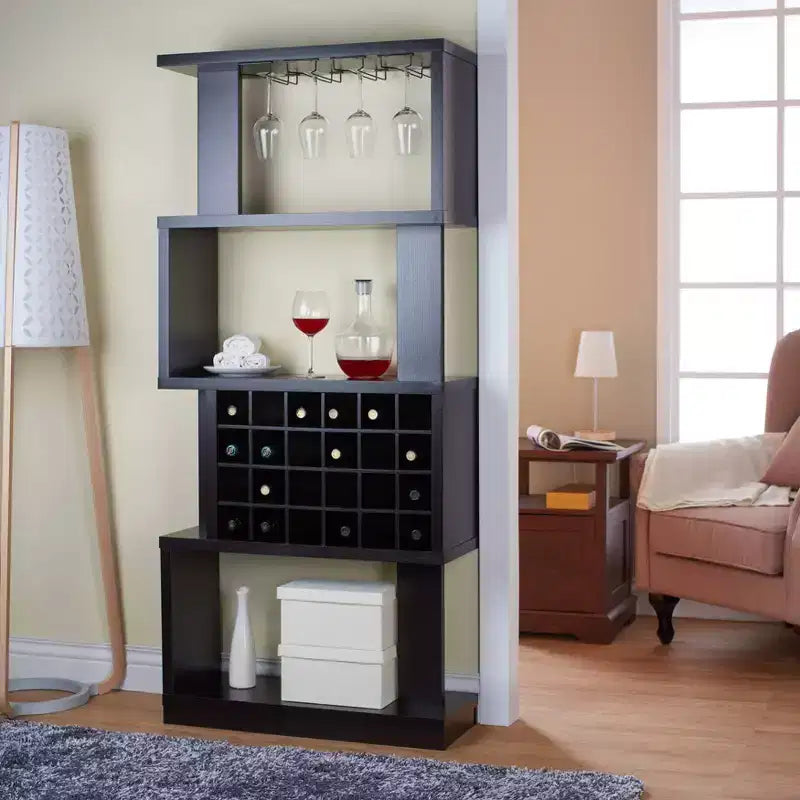 Contemporary 4-Tier Wine Stand, Cappuccino - Holds 24 Bottles with Stemware Storage