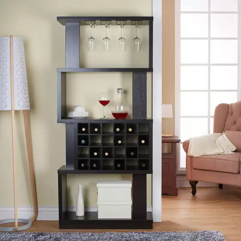 Contemporary 4-Tier Wine Stand, Cappuccino - Holds 24 Bottles with Stemware Storage