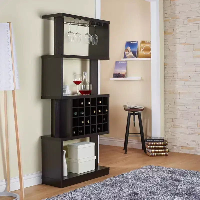 Contemporary 4-Tier Wine Stand, Cappuccino - Holds 24 Bottles with Stemware Storage
