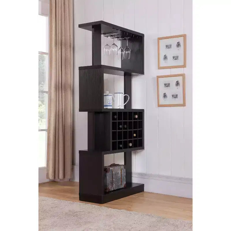 Contemporary 4-Tier Wine Stand, Cappuccino - Holds 24 Bottles with Stemware Storage