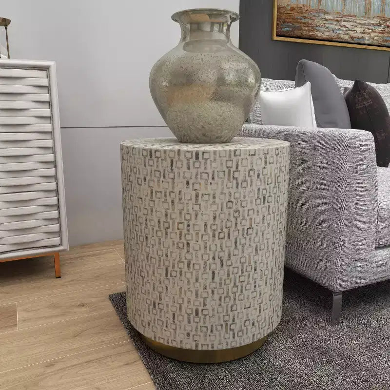 Modern İnci Anası Tabure, Beyaz - Modern Yuvarlak Aksesuar, MDF Çerçeve, 22.35" Oturma Yüksekliği