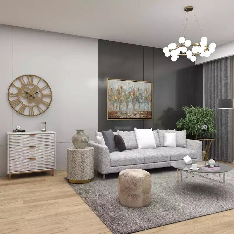 Modern İnci Anası Tabure, Beyaz - Modern Yuvarlak Aksesuar, MDF Çerçeve, 22.35" Oturma Yüksekliği