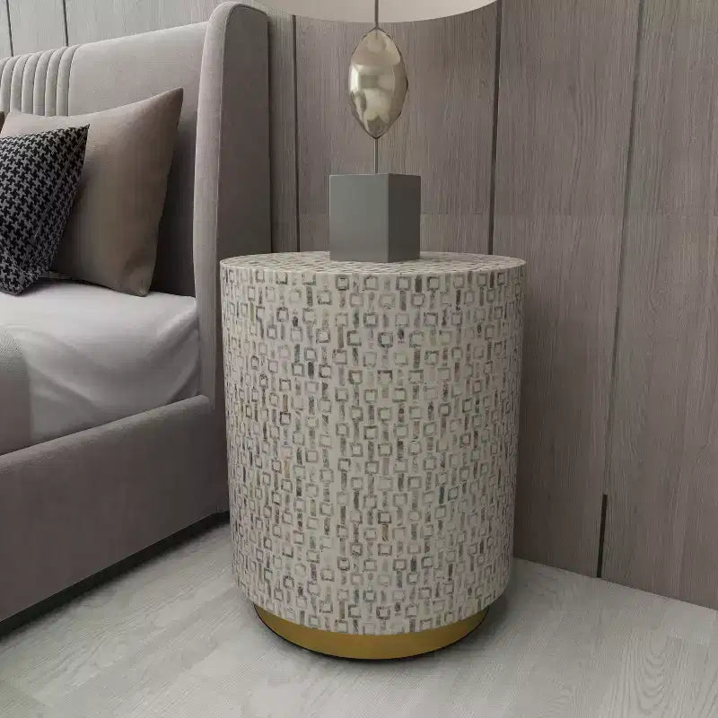 Contemporary Mother of Pearl Stool, White - Modern Round Accent, MDF Frame, 22.35" Seat Height