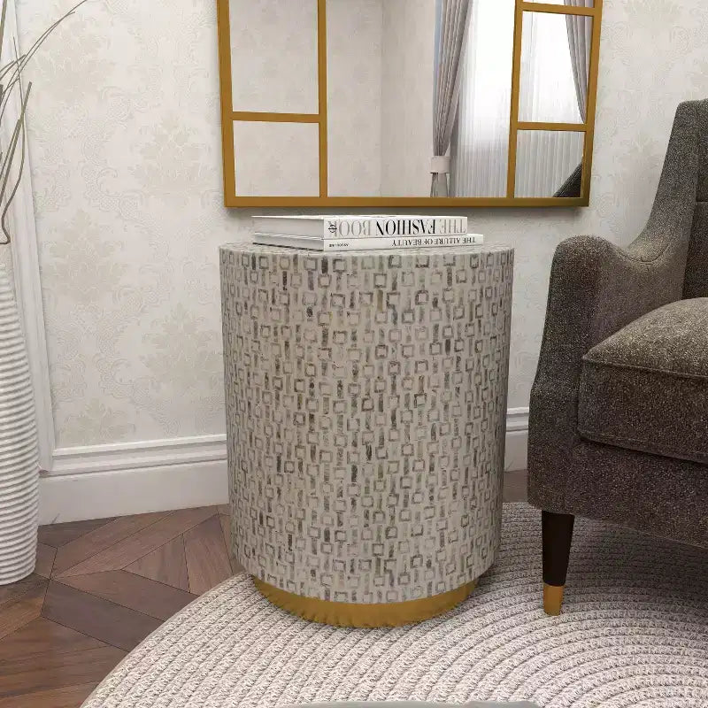 Modern İnci Anası Tabure, Beyaz - Modern Yuvarlak Aksesuar, MDF Çerçeve, 22.35" Oturma Yüksekliği