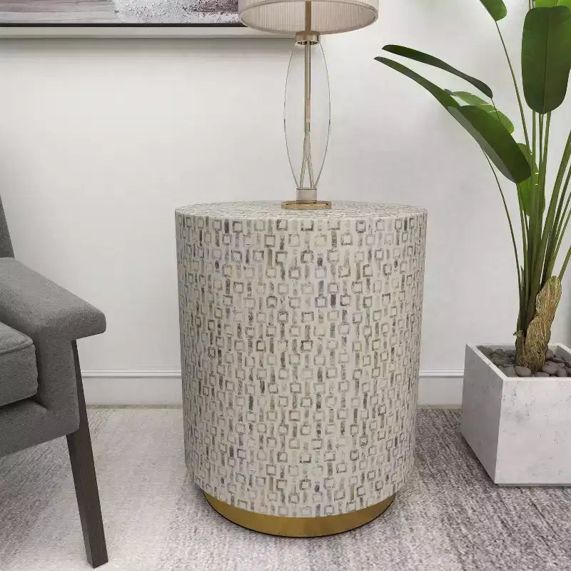 Modern İnci Anası Tabure, Beyaz - Modern Yuvarlak Aksesuar, MDF Çerçeve, 22.35" Oturma Yüksekliği