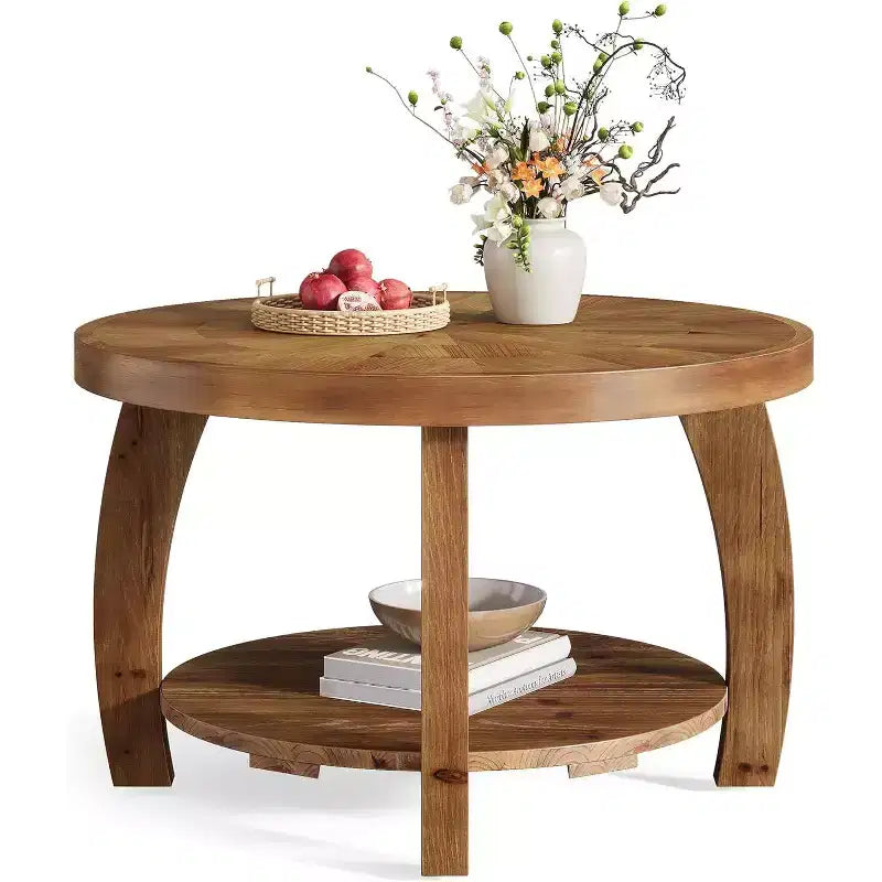 Lantine runder Couchtisch aus Massivholz, 2-stufiger Beistelltisch mit Stauraum, 31.5 Zoll Tischplatte mit Mosaikmuster, einfacher Aufbau, fürs Wohnzimmer, Braun