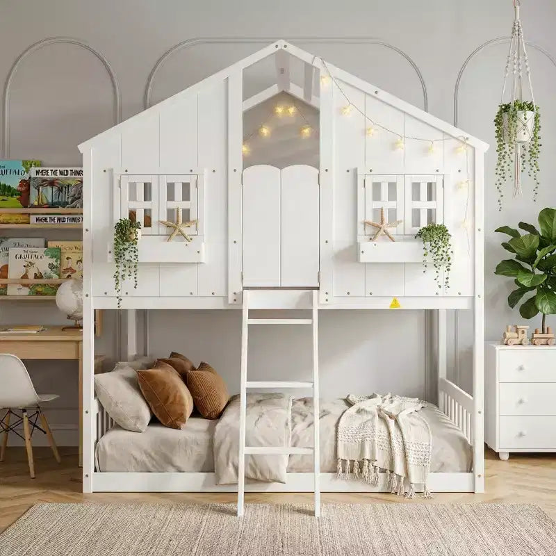 Hochbett in Hausform für Einzelbettgröße, Spielhaus-Hochbett aus Holz mit Leiter und Schutzgeländern für Kinder