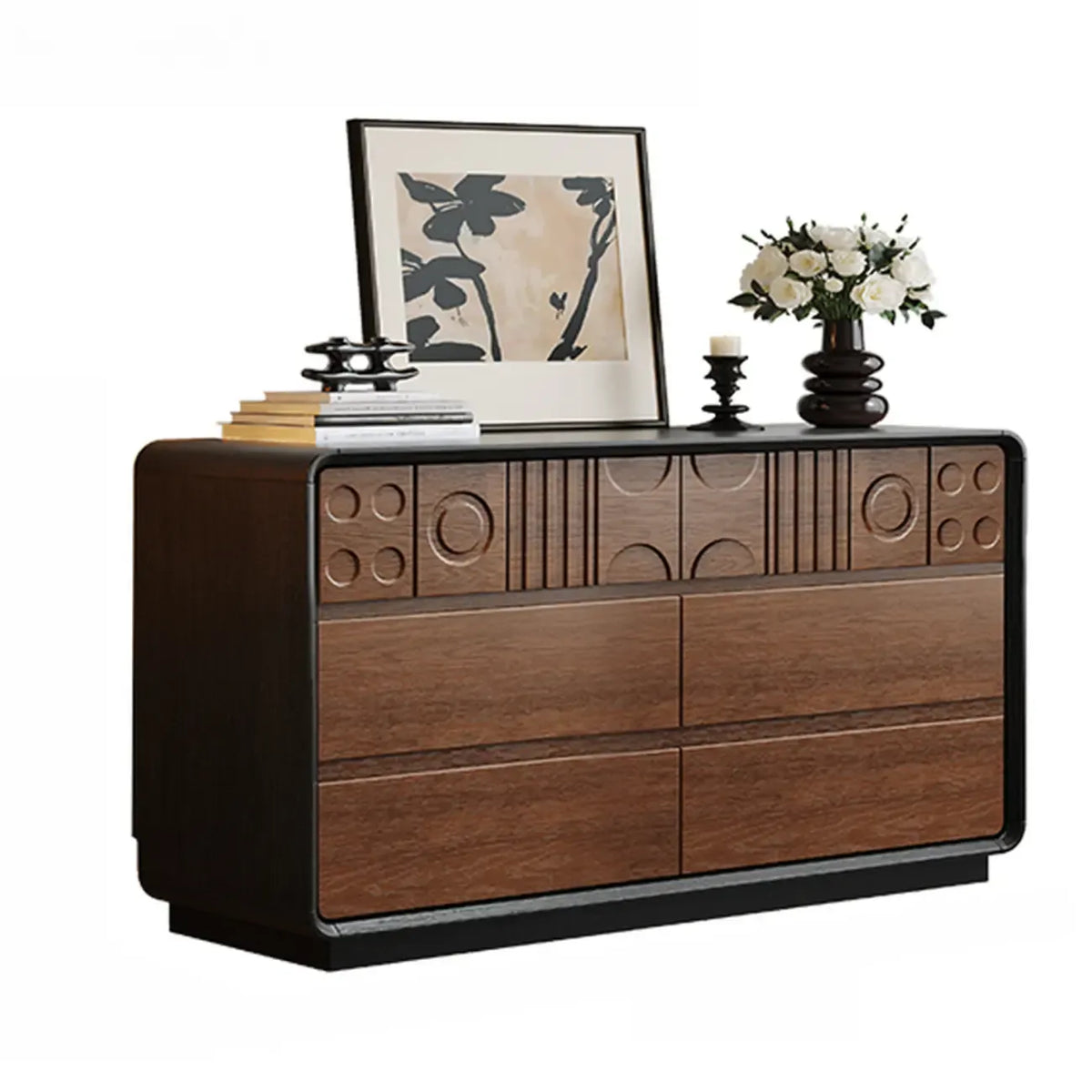 Drewniana komoda inspirowana stylem art déco z geometrycznymi rzeźbieniami