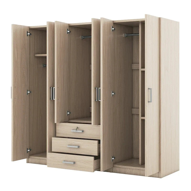 Houten kledingkast met 6 deuren en 3 grote laden voor de slaapkamer