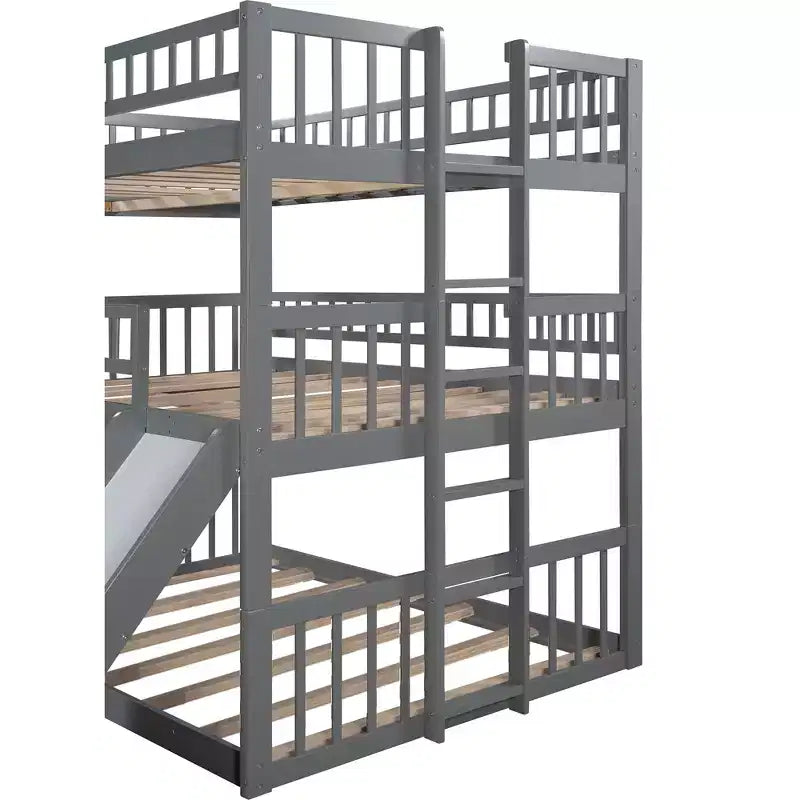 Dreifach-Etagenbett mit zwei Doppelbetten, umbaubarer Leiter und Rutsche, mit Schutzgittern, Weiß/Grau/Espresso - ModernLuxe