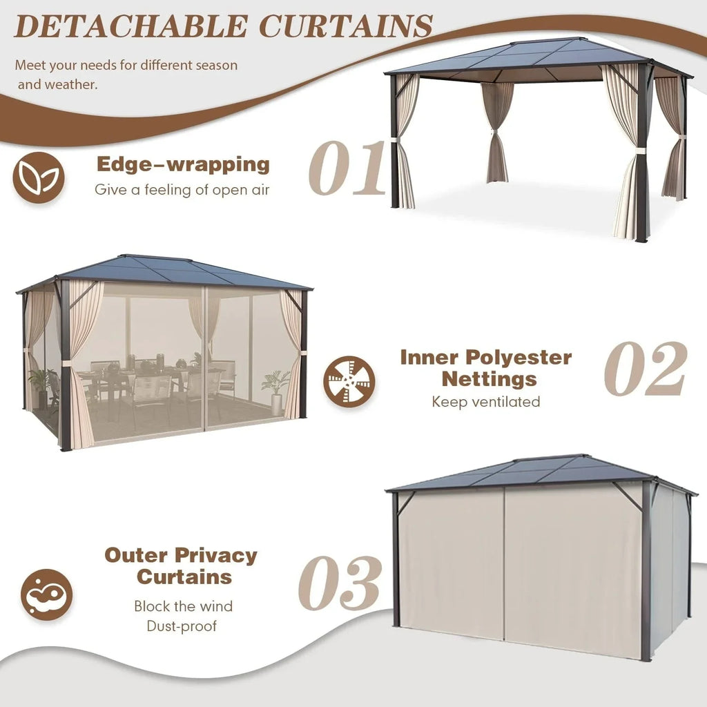 EROMMY Pavillon mit festem Dach, Pergola für den Außenbereich mit Doppeldach, Moskitonetz und Vorhängen, strapazierfähiges Sonnendach für Terrasse, Garten und Poolpartys