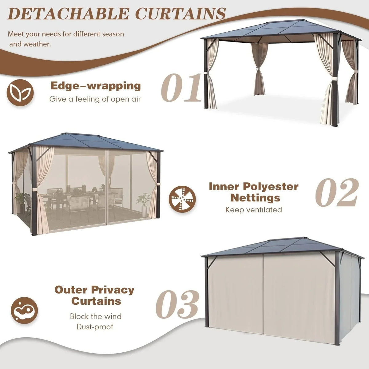 EROMMY Pavillon mit festem Dach, Pergola für den Außenbereich mit Doppeldach, Moskitonetz und Vorhängen, strapazierfähiges Sonnendach für Terrasse, Garten und Poolpartys