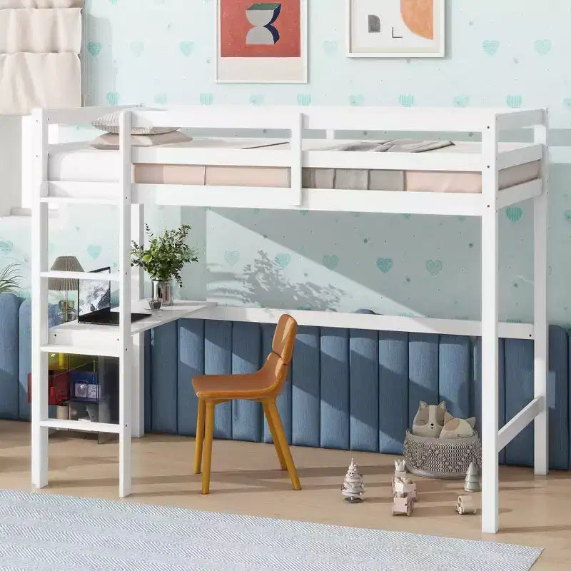 Okak minimalistisches Hochbett mit Leiter, Hochbett für Einzelbettmatratze aus Gummibaumholz mit Sicherheitsgeländer und eingebautem Schreibtisch, Bettgestell für Kinder und Jugendliche