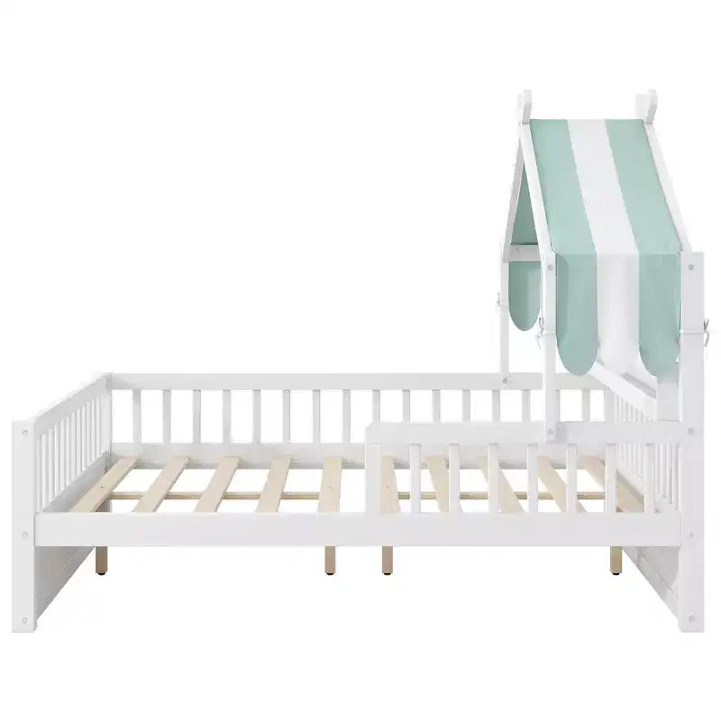 ModernLuxe Holzhüttenbett in Twin-/Full-Größe mit Stauraum-Kopfteil, Kinderbettgestell aus massivem Kiefernholz mit Schutzgittern