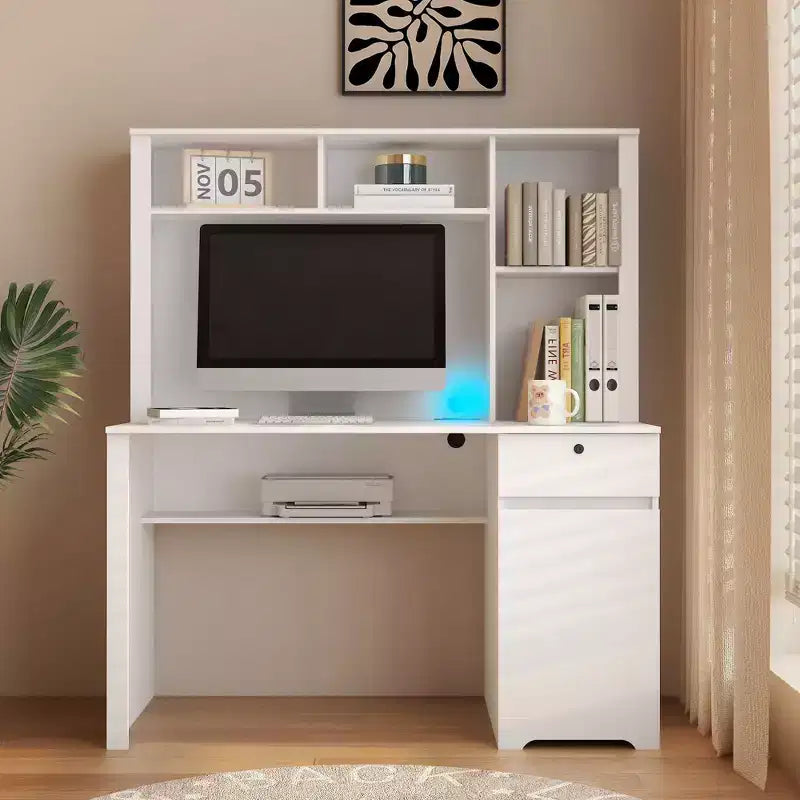 Moderner Computertisch mit Aufsatz und Bücherregal, 51.18IN, Bürotisch mit viel Stauraum, Schreibtisch für Arbeitszimmer und Leseraum