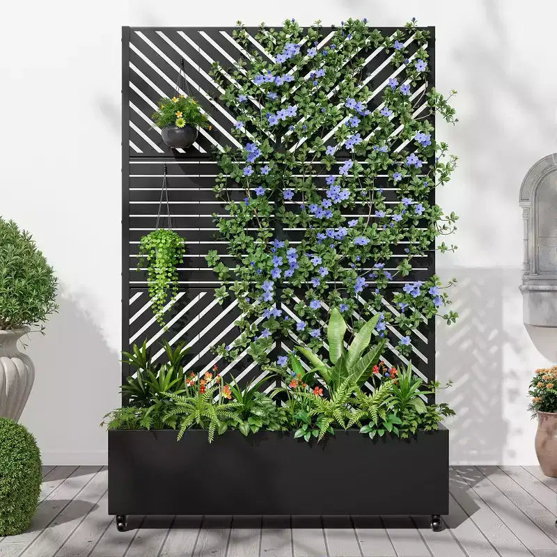 Jardinière MAYEERTY avec treillis en fer noir à lignes parallèles 01, style classique à persiennes, ensemble combiné de 3 pièces, 72x47x16in